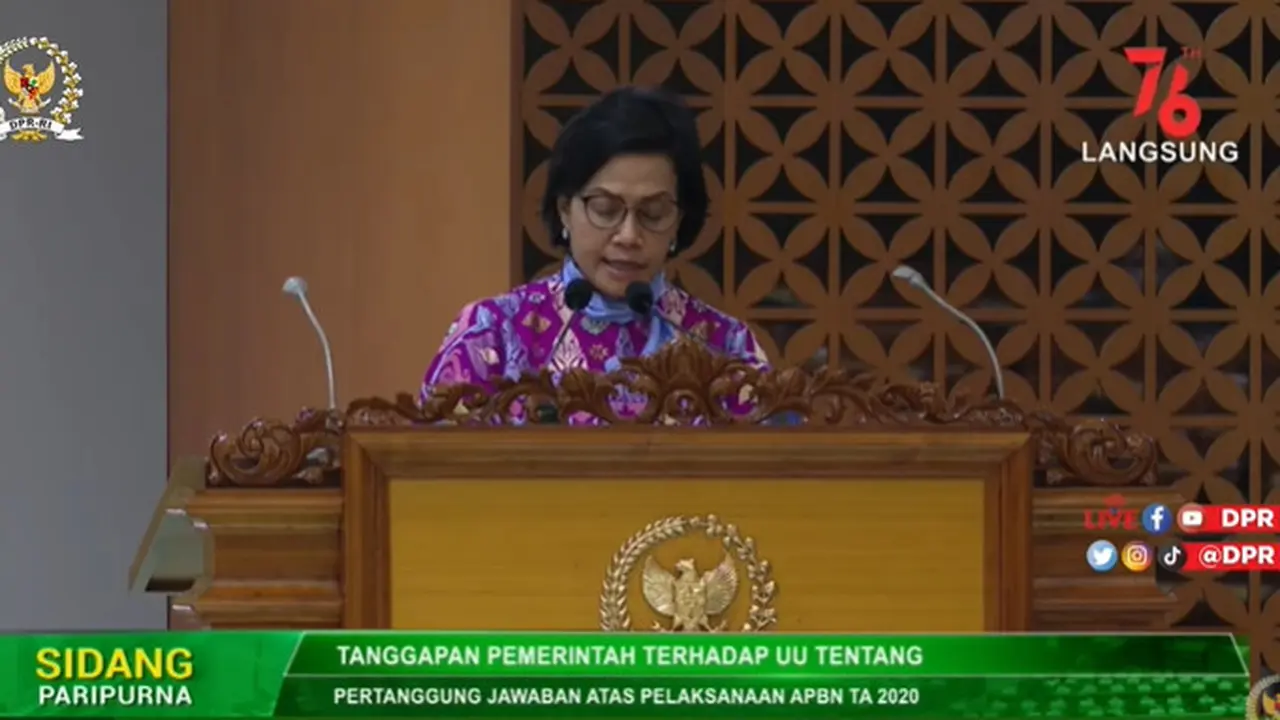 Menteri Keuangan Sri Mulyani Indrawati dalam Rapat Paripurna DPR RI Ke-4 Masa Persidangan I Tahun Sidang 2021 – 2022, Selasa (7/9/2021).