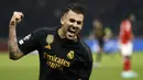 Pemain Real Madrid, Dani Ceballos melakukan selebrasi setelah mencetak gol kemenangan timnya ke gawang Union Berlin pada laga lanjutan Grup C Liga Champions 2023/2024 di Olympiastadion, Berlin, Jerman, Rabu (13/12/2023) dini hari WIB. (AFP/Odd Andersen)