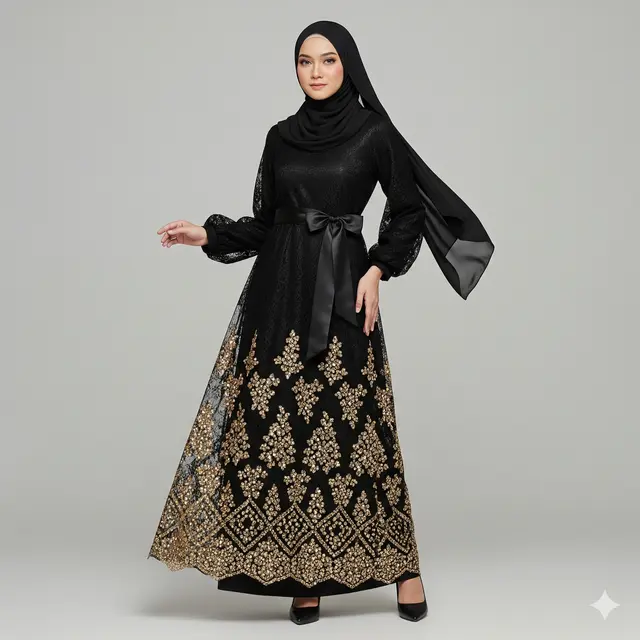 Gamis Pesta Kombinasi Brokat Full Payet.