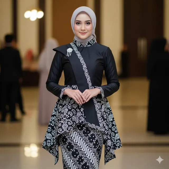 Gamis Batik Asimetris dengan Sentuhan Silver Kontemporer
