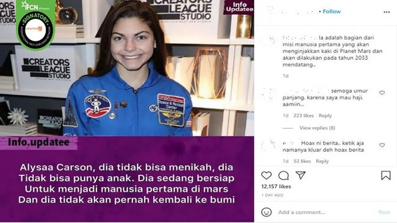 Gambar Tangkapan Layar Klaim Alyssa Carson Menjadia Manusia Pertama yang akan Diberangkatkan ke Mars (sumber: Instagram).