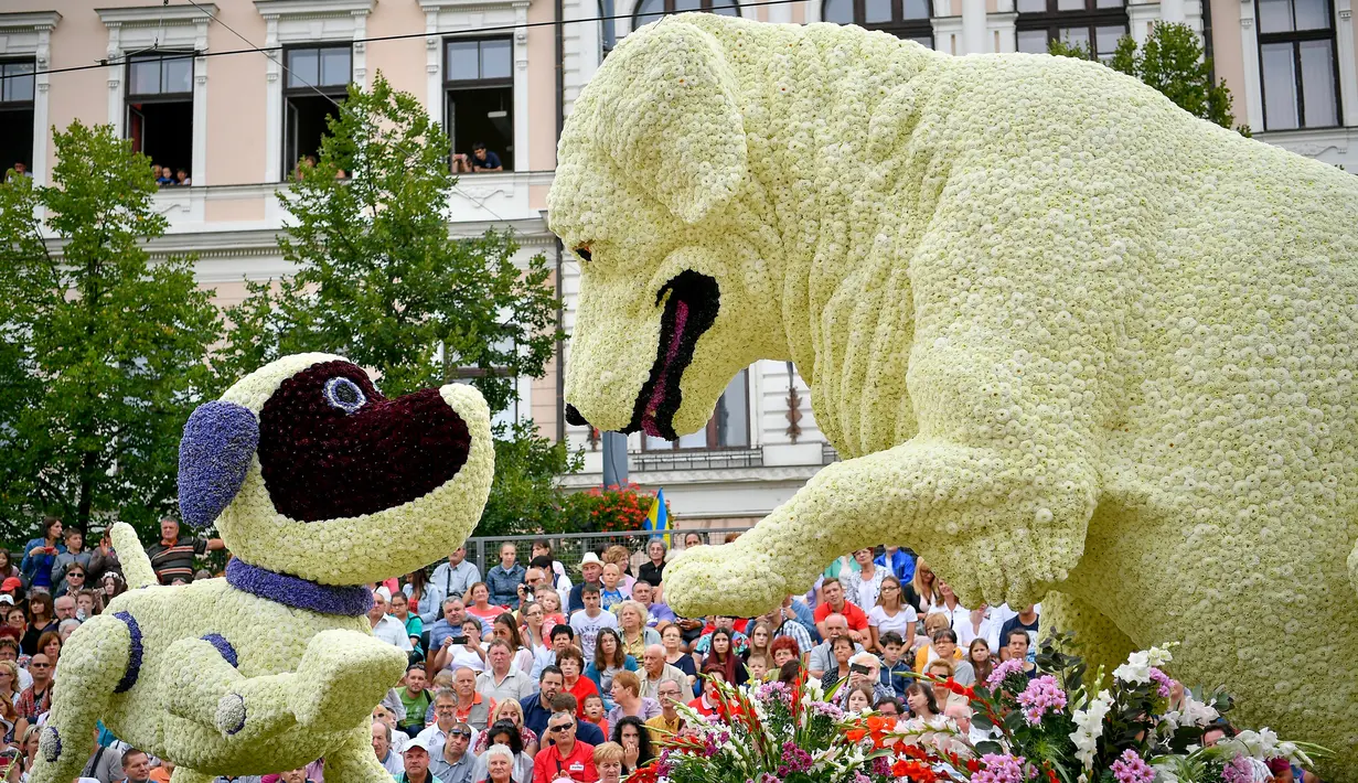 Rangkaian bunga yang berbentuk anjing ditampilkan dalam Festival Bunga Debrecen ke-48 di Debrecen, Hungaria (20/8). (Zsolt Czegledi / MTI via AP)