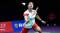 Pebulu tangkis Indonesia, Anthony Sinisuka Ginting melakukan pukulan pengembalian kok ke arah Jeon Hyeok-jin dari Korea Selatan dalam perempat final tunggal putra turnamen bulu tangkis Piala Thomas dan Uber di Chengdu, provinsi Sichuan, Tiongkok pada 3 Mei 2024. (WANG Zhao/AFP)