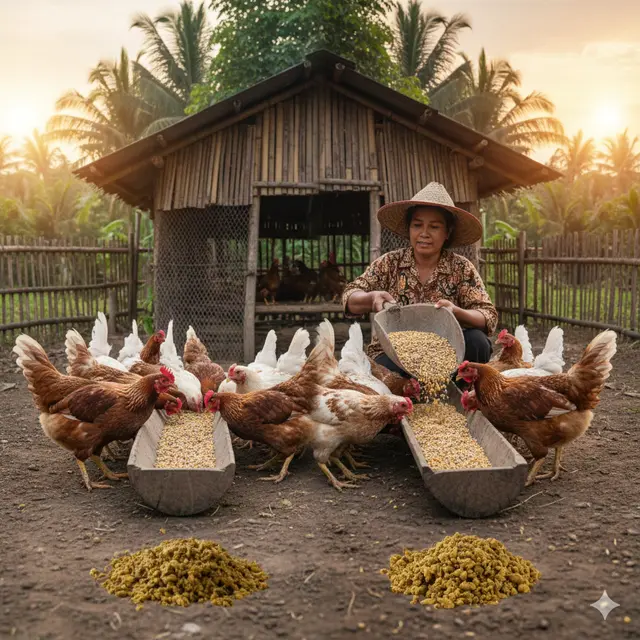 Cara Mengatur Pakan Ayam Rumahan (Foto: AI)