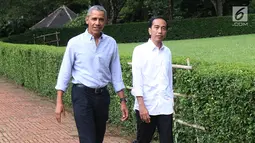 Presiden Joko Widodo bersama Presiden AS ke-44, Barack Obama berkeliling Kebun Raya Bogor menuju Grand Garden di Bogor, Jumat (29/6). Jokowi mengajak Obama berkeliling Kebun Raya untuk berbincang santai di Grand Garden. (liputan6.com/Angga Yuniar)