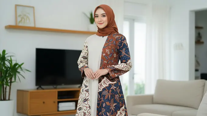 Gamis Batik Kombinasi Polos