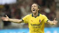 Selebrasi gol Luka Modric pada laga AC Milan vs Bologna pada pekan ke-4 Serie A 2025/2026 di San Siro -&nbsp;AP Photo/Luca Bruno