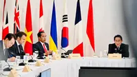 Presiden Joko Widodo saat menghadiri Konferensi Tingkat Tinggi (KTT) G7 sesi kesembilan dengan topik menuju dunia yang damai, stabil, dan sejahtera, yang digelar di Hotel Grand Prince, Hiroshima, Jepang, Minggu (21/5/2023). (Foto: Biro Sekretariat Presiden)