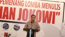 Menteri Perhubungan Budi Karya menyampaikan kata sambutan dalam acara penyerahan hadiah lomba menulis bertajuk 'Pencapaian Jokowi' di Jakarta, Selasa (16/8). Acara tersebut diadakan Seword media dan Seknas Jokowi. (Liputan6.com/Immanuel Antonius)