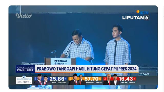 Capres dan Cawapres nomor urut 02 Prabowo Subianto-Gibran Rakabuming Raka saat pidato dan deklarasi kemenangan hasil sementara quick count Pemilu 2024 di Istora Senayan, Rabu (14/2/2024)