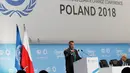Arnold Schwarzenegger berbicara dalam Konferensi Perubahan Iklim PBB COP24 di Katowice, Polandia (3/12). Arnold membahas status dan pengendalian perubahan iklim global saat menjadi pembicara di forum tertinggi tersebut. (AP Photo/Czarek Sokolowski)