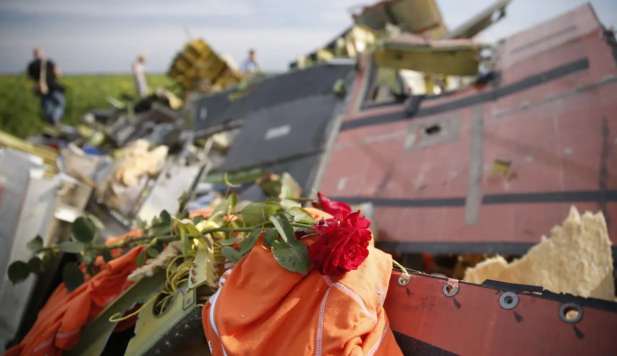 Sebuah bunga mawar di atas puing MH17 sebagai wujud turut berduka dari warga Ukraina, Ukraina, Sabtu (19/07/2014) (REUTERS/Maxim Zmeyev)
