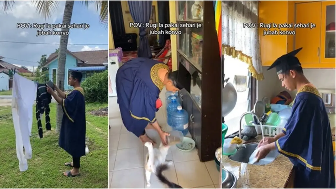 Enggak Mau Rugi, Aksi Pria Ini Kocak Pakai Toga Wisuda Seharian Sambil Bebersih Rumah