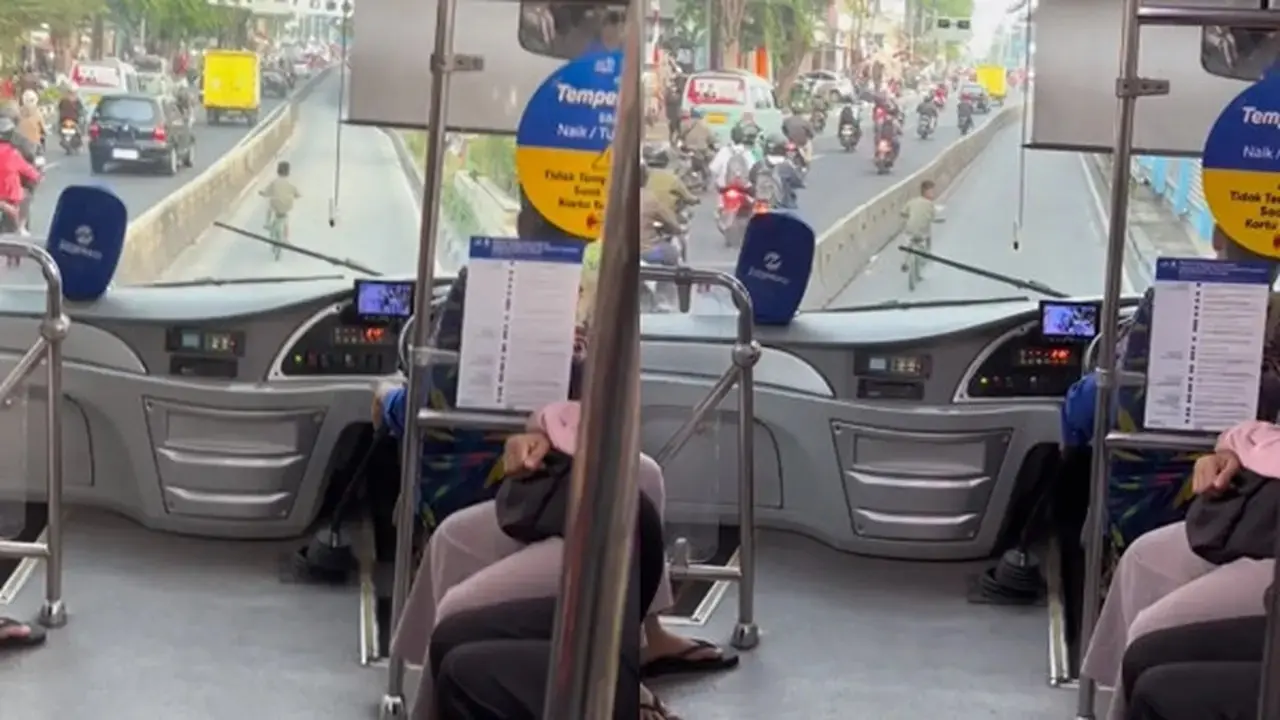 Bocah Nekat Bersepeda di Jalur Transjakarta, Usaha Melarikan Dirinya Bikin Netizen Terhibur
