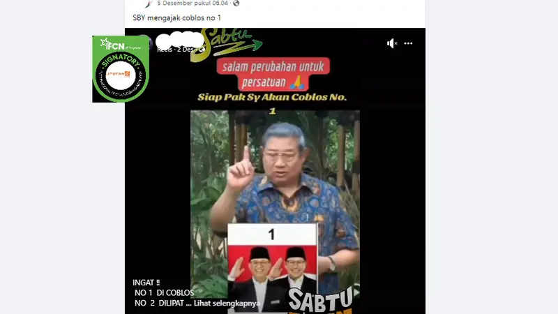 Tangkapan layar klaim video SBY arahkan coblos pasangan capres-cawapres nomor urut 1