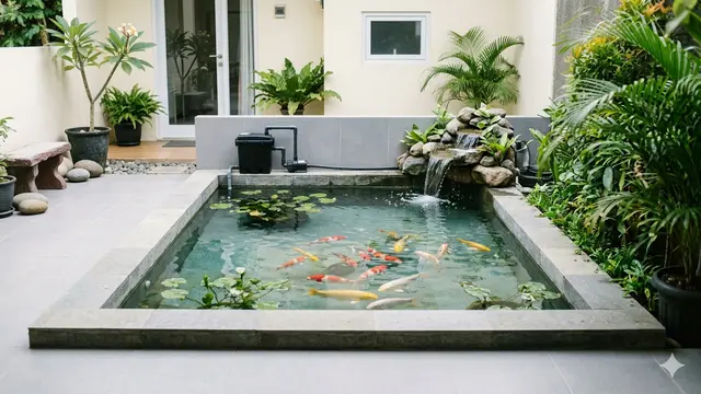 Ide Kolam Ikan Minimalis dengan Suara Gemericik yang Cocok untuk Rumah Kecil. Gemini