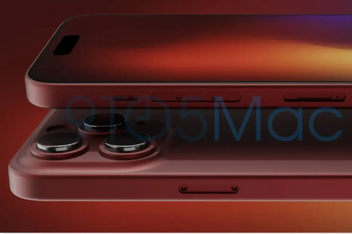 Gambar render iPhone 15 Pro menunjukkan varian warna merah tua (9to5mac)