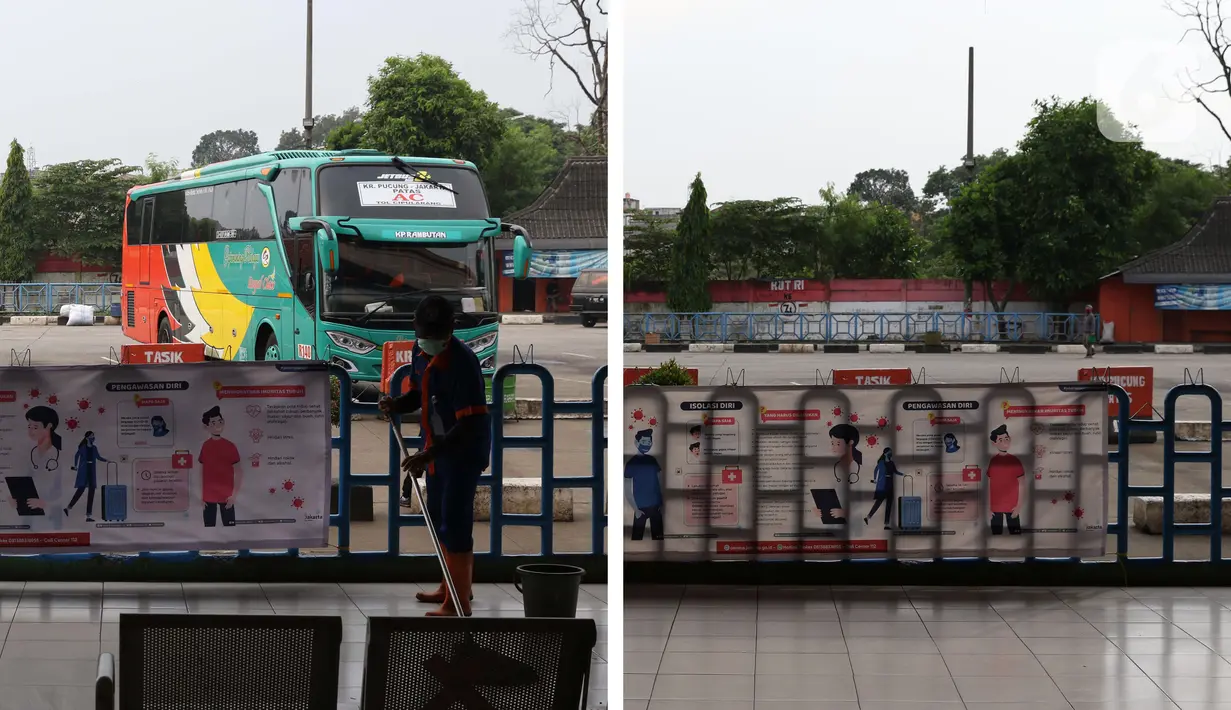 Foto kiri menggambarkan situasi Terminal Kampung Rambutan pada Senin (30/3/2020). Foto kanan menggambarkan situasi Terminal Kampung Rambutan pada Sabtu (25/4/2020). Guna memutus mata rantai penularan Covid-19, pemerintah resmi melarang mudik pada Jumat (24/4) lalu. (Liputan6.com/Helmi Fithriansyah)