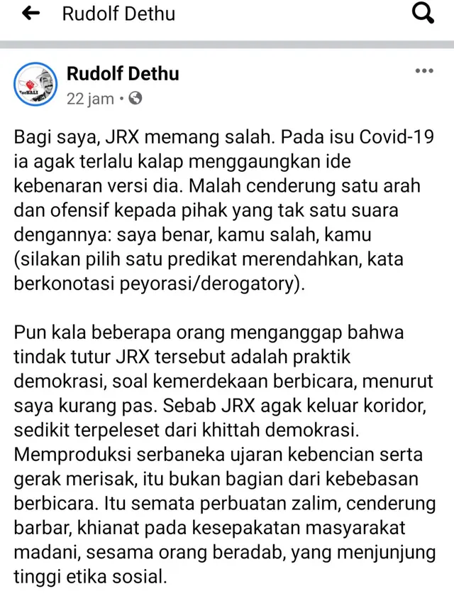 Unggahan Rudolf Dethu. (Foto: Facebook Rudolf Dethu)