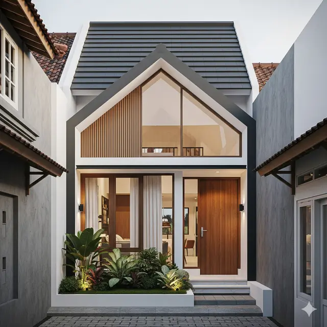 Model Rumah Tipe 45 Murah dengan Atap Pelana di Gang Perumahan Sempit. Gemini