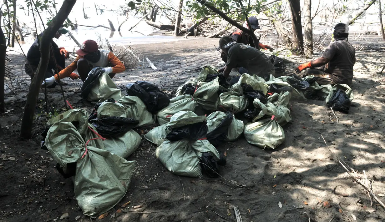 Nelayan mengumpulkan tumpahan limbah minyak (oil spill) yang mencemari Pantai Muara Beting, Muara Gembong, Bekasi, Jawa Barat, Minggu (28/7/2019). Nelayan Muara Gembong memilih untuk menjadi pengepul oil spill karena tidak mungkin melaut dalam kondisi air tercemar. (merdeka.com/Iqbal Nugroho)