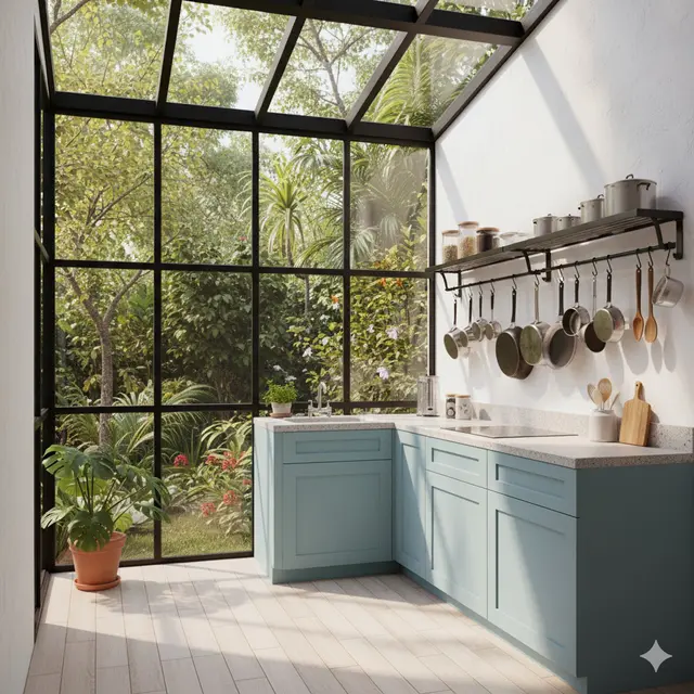 Dapur Tanpa Kabinet Atas dengan Pencahayaan Atap Kaca