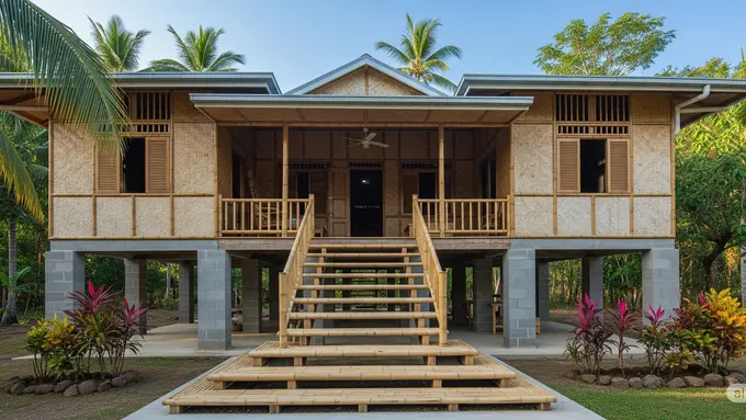 Rumah Bambu dan Batako Gaya Tropis dengan Teras Luas (Gemini AI)