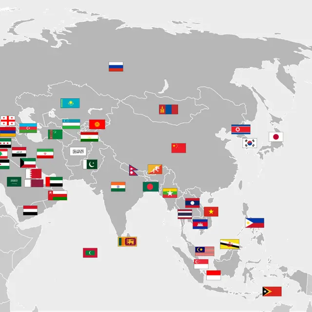 Benua Asia dengan tanda bendera (Wikimedia Commons)