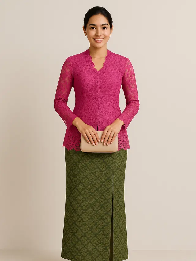 Setelan Kebaya Pink dan Rok Batik Hijau