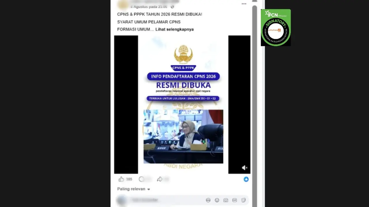 Cek Fakta Liputan6.com mendapati klaim video Menteri PANRB Rini Widyantini mengumumkan pendaftaran CPNS 2026.
