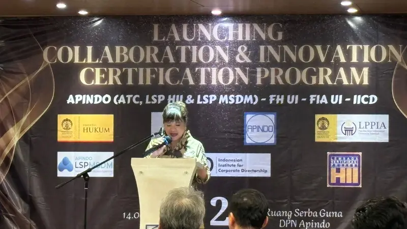 Ketua Umum APINDO, Shinta W. Kamdani dalam peluncuran Collaboration and Innovation Certification Program. (Tira/Liputan6.com)