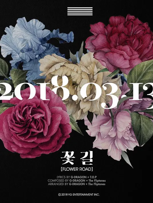 YG Entertainment sendiri membagikan foto teaser lagu tersebut. Dalam foto itu terlihat lima gambar bunga lengkap dengan rincian dari lagu yang berjudul Flower Road itu. (Foto: instagram.com/fromyg)