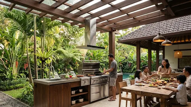 Dapur Semi Outdoor Menyatu dengan Area BBQ dan Lantai Batu Alam Cream