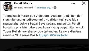Seorang pengguna facebook bernama Fernand Fernand mengklaim memergoki pacarnya berselingkuh dengan pria lain pada laga Persik Kediri kontra Bhayangkara FC. (Twitter/Facebook)