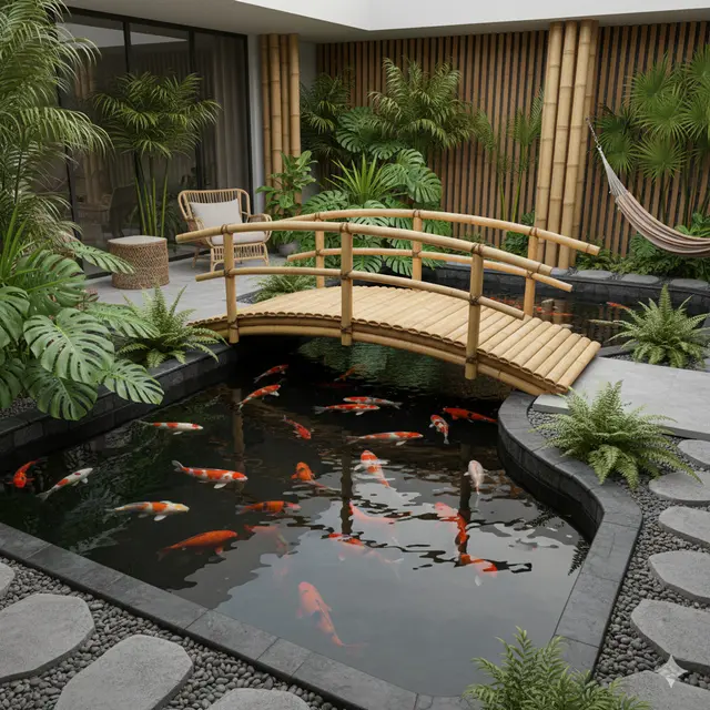 Model Kolam Ikan dengan Jembatan Bambu Mini di Teras Rumah
