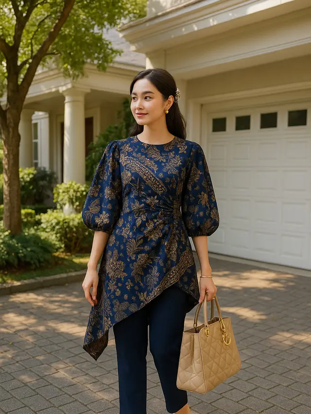 Tunik Batik Lengan Balon Kerut