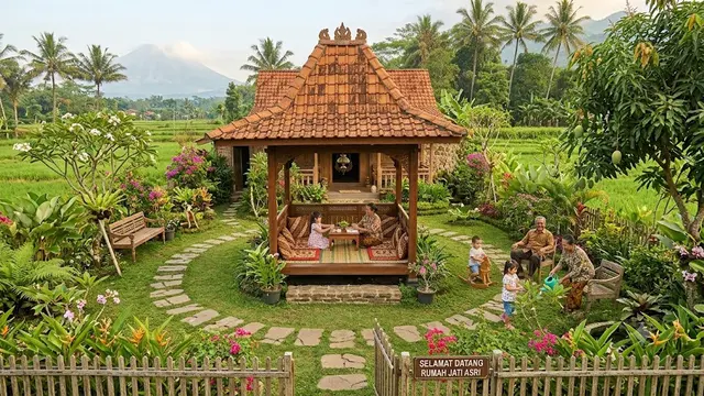 Inspirasi Rumah Pedesaan dengan Taman dan Pendopo yang Asri Model Taman Samping dan Pendopo Terbuka