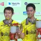 Kevin Sanjaya Sukamuljo/Marcus Fernaldi Gideon menjuarai Hong Kong Terbuka Super Series setelah mengalahkan ganda putra Denmark, Minggu (26/11/2017). (Twitter/@BadmintonTalk)