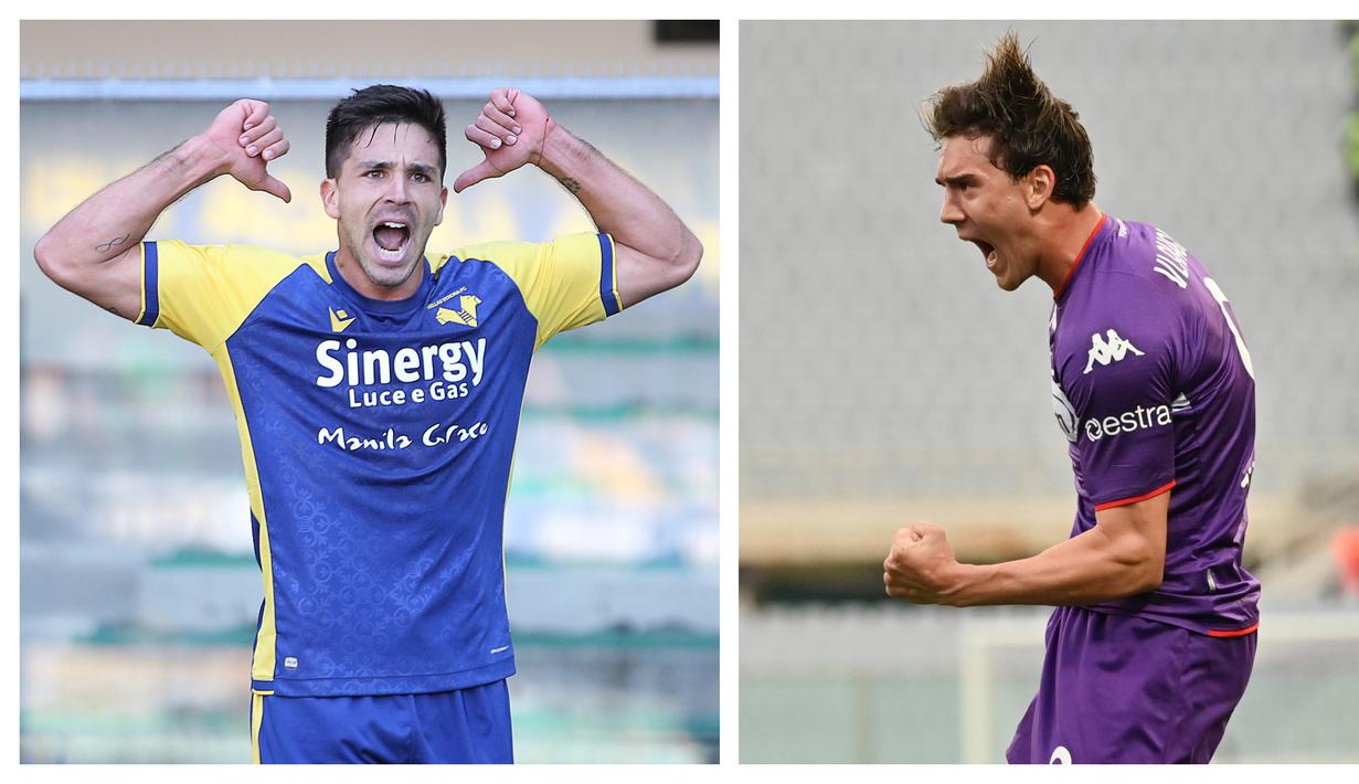 Penampilan mengagumkan Giovanni Simeone dan Dusan Vlahovic berlanjut hingga giornata ke-11 Liga Italia musim 2021/2022. Hal tersebut membuat pemain Hellas Verona dan pemain Fiorentina menempel ketat Ciro Immobile di klasemen sementara pencetak gol terbanyak. (Foto kolase: AP)