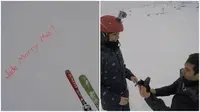 Seorang pria mengajukan lamaran menikah kepada pacarnya dengan cara menuliskan pesan romantis di salju selagi mereka terbang di atasnya. (Sumber cuplikan Newsflare via Daily Mail)