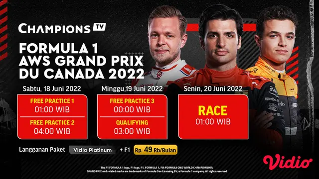 Jadwal dan Live Streaming F1 GP Kanada 2022 di Vidio Pekan Ini, 18-20 Juni 2022