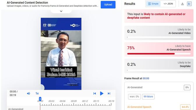 Video klaim mengenai Ahok bicara mengenai dana bantuan DAP dari Australia untuk umat Kristen menunjukkan hasil AI dan deepfake. (Foto: tangkapan layar Hive Moderation)