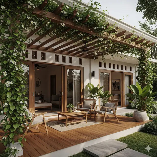 Teras Kayu dengan Atap Pergola