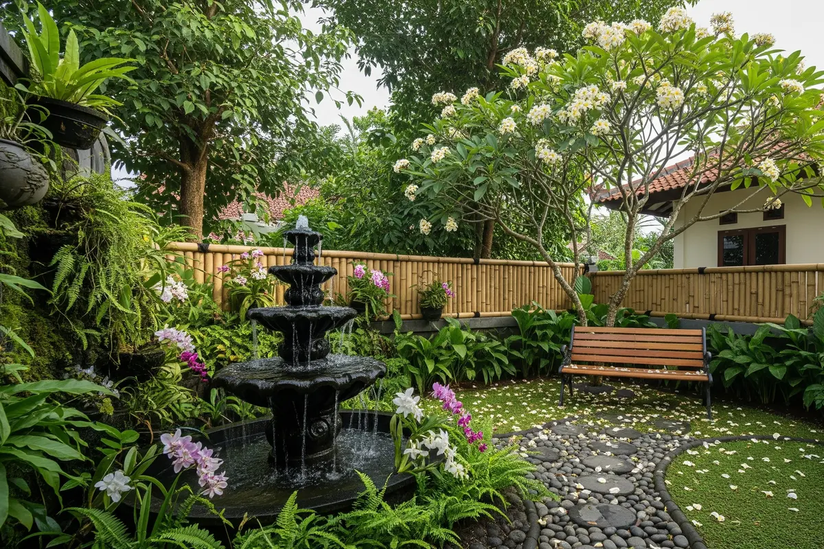 Model Taman Rumah Kecil dengan Air Mancur Mini untuk Suasana Tenang dan Natural/ Ilustrasi Gambar Oleh AI