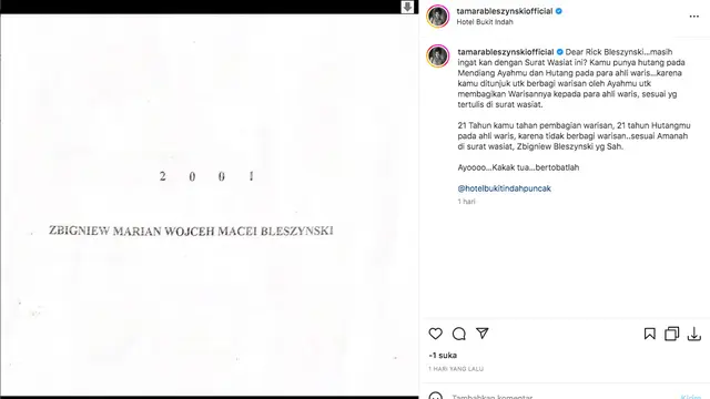 Tamara Bleszynski Spill Isi Surat Wasiat Peninggalan Sang Ayah: Ini Bukan Abal-Abal Seperti Gugatanmu