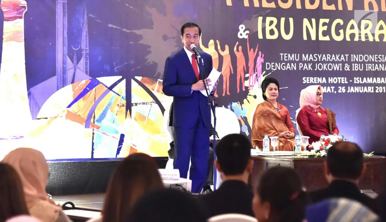 Presiden Joko Widodo memberi sambutan saat mengunjungi masyarakat Indonesia yang tinggal di Pakistan di Hotel Serena (26/1). Jokowi mengungkapkan alasannya berkunjung ke lima negara kawasan Asia Selatan tersebut. (Liputan6.com/Pool/Biro Pers Setpres)