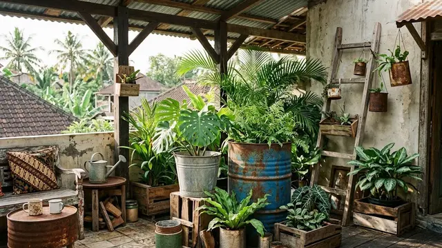 Teras Hijau dengan Material Daur Ulang dan Logam Tua