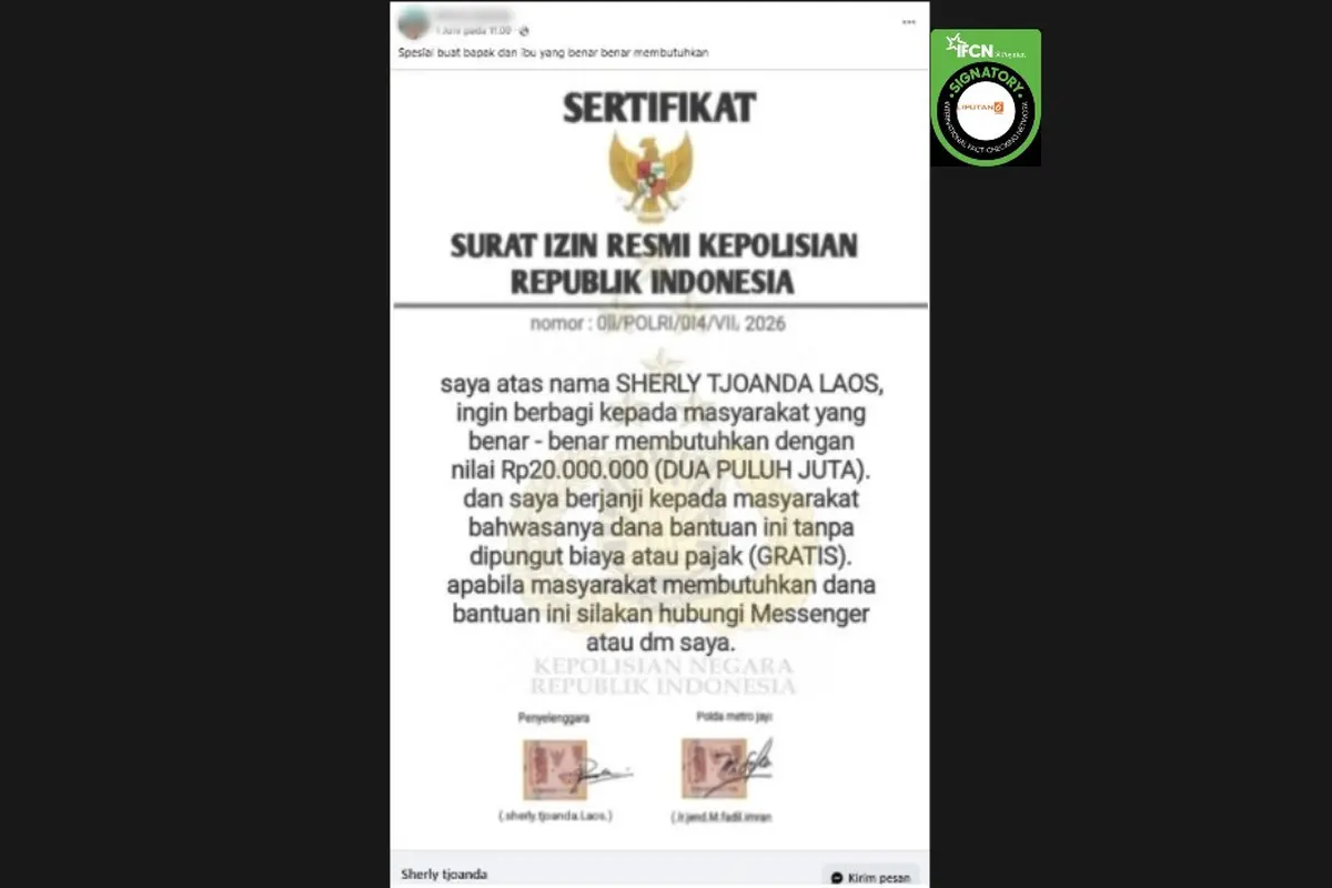 Cek Fakta Liputan6.com mendapati klaim sertifikat kepolisian bahwa Gubernur Maluku Utara Sherly Tjoanda Laos berbagi dana bantuan Rp 20 juta kepada masyarakat yang membutuhkan.
