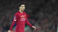 Pemain Liverpool, Takumi Minamino, saat melawan Everton pada laga Piala FA di Stadion Anfield, Minggu (5/1/2020). Liverpool menang 1-0 atas Everton. (AP/Jon Super)