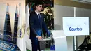 Kiper asal Belgia Thibaut Courtois memberi keterangan kepada awak media selama presentasi dirinya menjadi pemain Real Madrid di stadion Santiago Bernabeu (9/8). Courtois dikontrak Madrid selama 6 tahun. (AFP Photo/Javier Soriano)